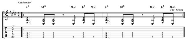 Riff 3: You may like to try a pull-off from the final E5 chord to the open C#. Wes does this in conjunction with an up-pick. Strictly speaking it's not a straightforward pull-off, but it can help to synchronise your left and right hands.